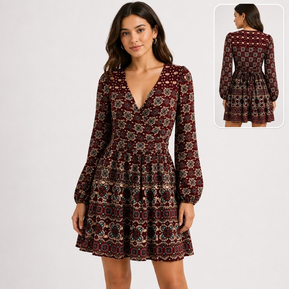 Anthropologie Patrons of Peace Small Boho Mini Dress Long Sleeve V Neck Floral